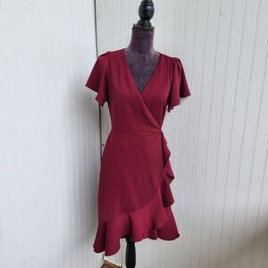 Lucy Paris Burgundy Red Wrap Dress Ruffle Apron Fit n Flare Flatter Women's XS